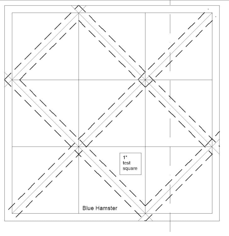 May include: A diagram showing how to create a quilt block with a diagonal pattern. The diagram includes a 1-inch square labelled "test square" and the text "Blue Hamster".