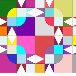 Könnte beinhalten: Ein farbenfrohes geometrisches Muster mit verschiedenen Formen, darunter Diamanten, Dreiecke und Kreise. Das Muster besteht aus verschiedenen Farben, darunter Rot, Grün, Blau, Gelb und Lila.