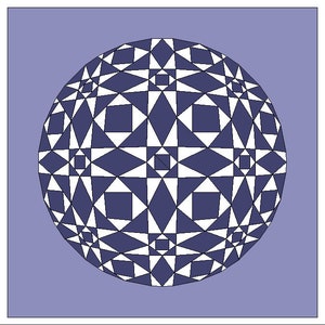 May include: A geometric pattern of white triangles and squares on a dark blue sphere. The sphere is centred on a light blue background.