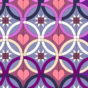 Op de afbeelding: Een herhalend patroon van in elkaar grijpende cirkels en harten in tinten paars, roze en wit. Het ontwerp doet denken aan een quilt- of stoffenpatroon.