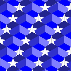 Op de afbeelding: Een herhalend patroon van blauwe en witte geometrische vormen. De vormen zijn gerangschikt in een zeshoekig patroon, waardoor een gevoel van diepte en dimensie ontstaat. De witte vormen zijn in de vorm van sterren, en de blauwe vormen zijn in verschillende tinten blauw.
