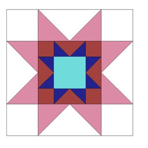 May include: A quilt block with a pink, red, blue, and turquoise star design. The star is centered in the block and has a smaller turquoise star in the center.