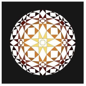 Puede incluir: Un patrón geométrico en tonos marrones, blancos y dorados, que se asemeja a una explosión de estrellas o un mandala. El patrón es simétrico e intrincado, con una estrella central rodeada de triángulos y cuadrados más pequeños.