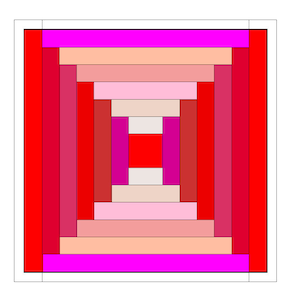 May include: A red, pink, and white quilt block with a log cabin pattern. The block is made up of strips of fabric sewn together in a concentric square pattern.