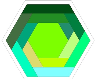 May include: A green, yellow, and blue geometric hexagon design. The hexagon is made up of smaller hexagons that are arranged in a concentric pattern.
