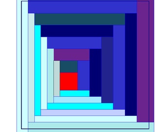 Könnte beinhalten: Abstraktes geometrisches Design mit einem Quadrat aus rechteckigen Blöcken. Die Blöcke sind in einem spiralförmigen Muster angeordnet, mit einem leuchtend roten Quadrat in der Mitte. Die Farbpalette umfasst Blau-, Lila-, Türkis- und Hellblautöne.