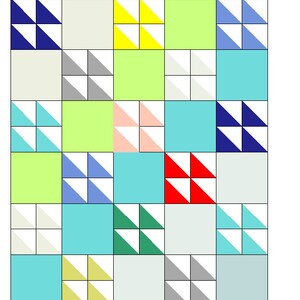 May include: A quilt block pattern featuring a range of colours and geometric shapes. The quilt block is composed of 16 smaller squares, each with a unique design. The colours include yellow, green, blue, red, pink, grey, and white.