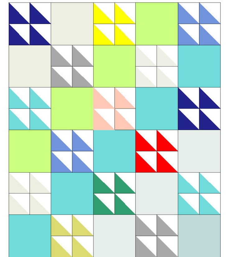 May include: A quilt block pattern featuring a range of colours and geometric shapes. The quilt block is composed of 16 smaller squares, each with a unique design. The colours include yellow, green, blue, red, pink, grey, and white.