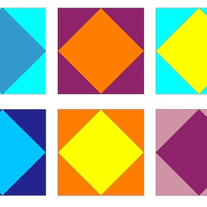May include: Six different colour combinations of a quilt block pattern. Each block is a square with a diamond shape in the centre. The diamond shapes are in the colours blue, orange, yellow, cyan, purple, and pink.