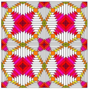 May include: Geometric pattern featuring repeating squares and diamond shapes in shades of red, pink, orange, yellow, and green, set against a white background. The design has a quilt-like appearance, with a symmetrical arrangement of colorful elements.