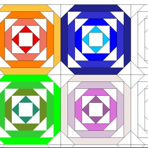 Op de afbeelding: Een quiltblokpatroon met een concentrisch vierkant ontwerp in verschillende kleuren, waaronder oranje, rood, blauw, groen, paars en wit.
