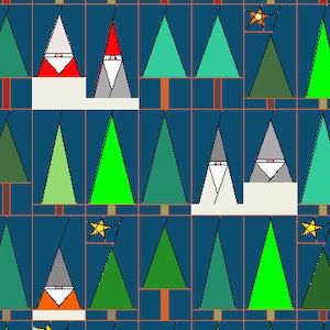 May include: A repeating pattern of green, blue, and white Christmas trees with red and gray Santas on a dark blue background.