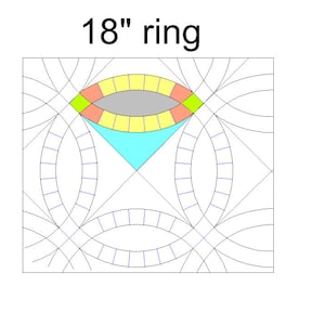 Puede incluir: Un diagrama que muestra cómo hacer un anillo de 45,72 cm usando una técnica de acolchado. El diagrama muestra una serie de círculos concéntricos con un triángulo central.