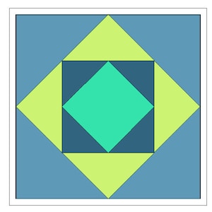 May include: Geometric design featuring a square with nested shapes. A teal diamond is centered, surrounded by a dark teal square, light green triangles, and a blue background. The design is symmetrical and graphic.