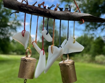 White Recycled Glass Tin Bell Wind Chime