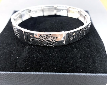 Art*Nouveau Tree of Life  Antique Silver Folk Art Elongated Rectangle Metal Accented  Fashion Stretch Bracelet 74SA8 LW