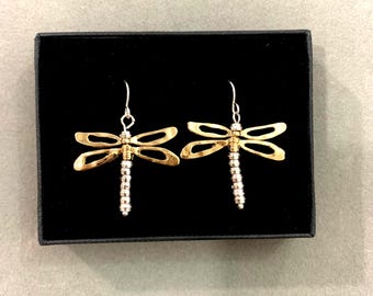 3D*Dragonfly Earrings Dragonfly Jewelry, fashion jewelry, Gold & Patina Dragonfly, Sterling Silver Plated 89YN6 LW