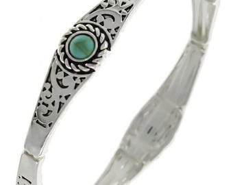 Art*Nouveau Brighton Style Handmade Sterling Silver Plated Turquoise Abalone Onyx Stone Filigree Roped Metal Stretch Bracelet 74iL3 LW