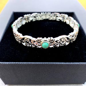 Brighton*Style Inspired Handmade Sterling Silver Plated Four Turquoise Stones Abalone Filigree Cutout Metal Stretch Bracelet 75CL4 LW Turquoise Stone
