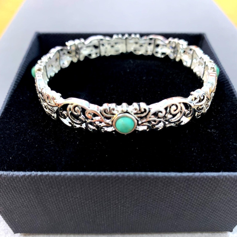 Brighton*Style Inspired Handmade Sterling Silver Plated Four Turquoise Stones Abalone Filigree Cutout Metal Stretch Bracelet 75CL4 LW Turquoise Stone