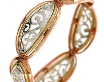 Pulsera elástica de metal estilo Brighton, hecha a mano, chapada en plata de ley con pátina y diseño ovalado calado de filigrana (7G7CL).