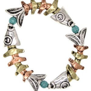 TRI-Tones 3-Fish Fish Bone Skeleton Stretch Bracelet Fish Bone Jewelry Stretch Bracelet Fish Skeleton Movable Fish Bone, Multi Color 75GU2