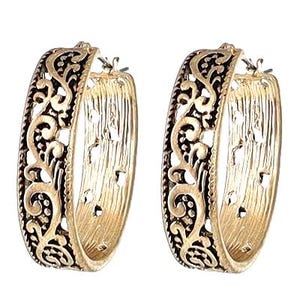 Overhanging*Metal Active Filigree Hoop Earrings Handmade Jewelry For Women Gift for Her Sterling Silver Plated Brighton Style 30o7 LW Worn Gold