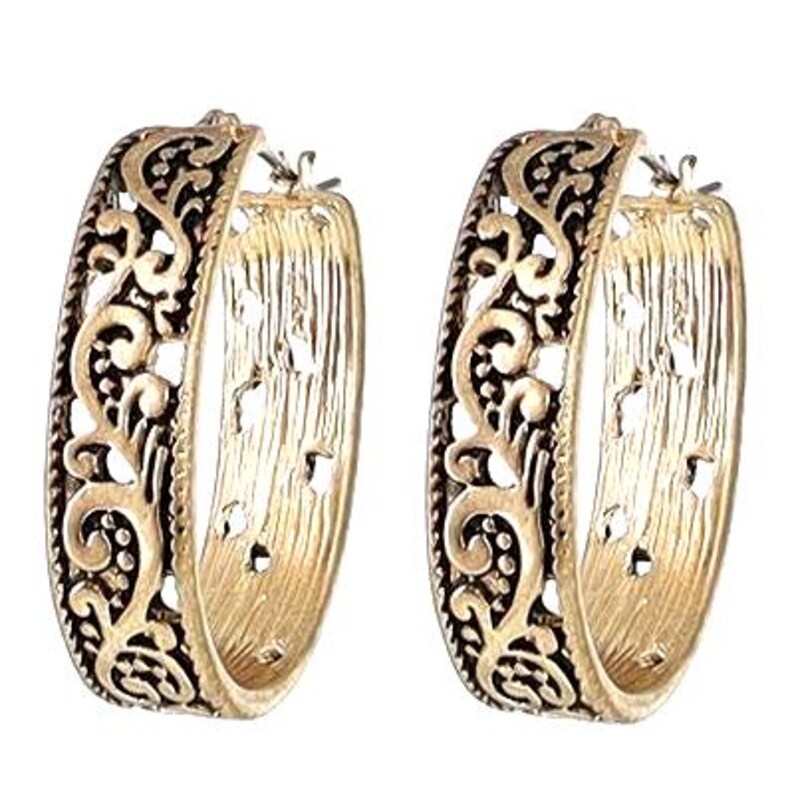 Overhanging*Metal Active Filigree Hoop Earrings Handmade Jewelry For Women Gift for Her Sterling Silver Plated Brighton Style 30o7 LW Worn Gold