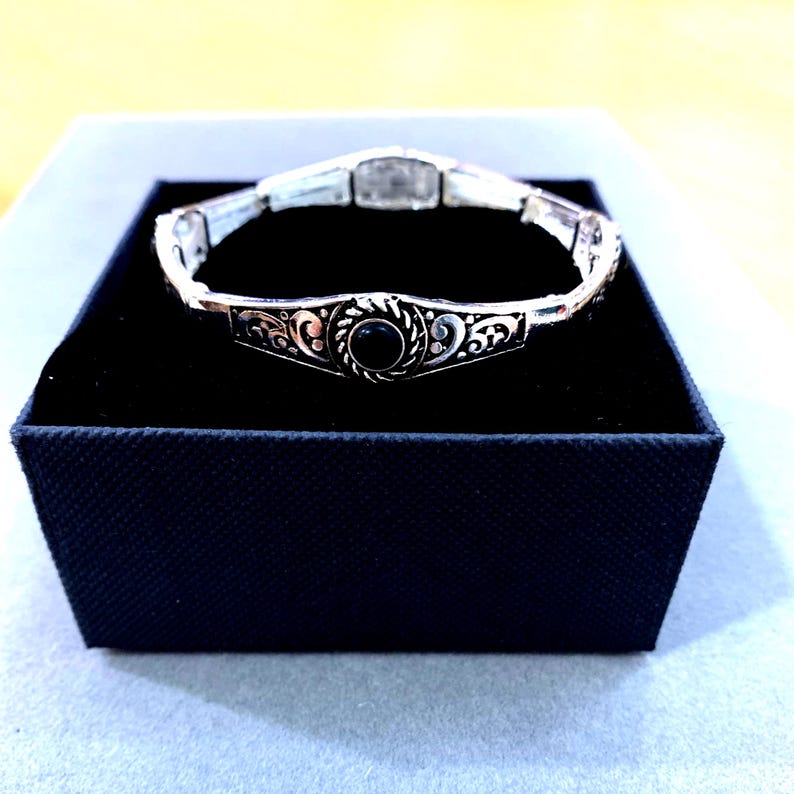 Art*Nouveau Brighton Style Handmade Sterling Silver Plated Turquoise Abalone Onyx Stone Filigree Roped Metal Stretch Bracelet 74iL3 LW image 6