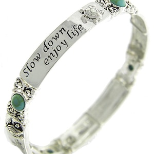 SLOW DOWN ENJOY LIFE_Türkis Stein Schildkröte Stretch Armband Jugendstil Brighton Style Handmade Sterling Silver Plate Filigree 74iL4