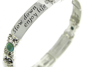 SLOW DOWN ENJOY LIFE_Turquoise Stone Turtle Stretch Bracelet Art Nouveau Brighton Style Handmade Sterling Silver Plate Filigree 74iL4