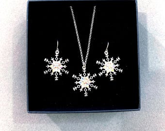 Navidad***Joyas de copo de nieve, collar y pendientes, joyería navideña, joyería hecha a mano para mujer, plata esterlina bañada en nieve 44SM8 BT