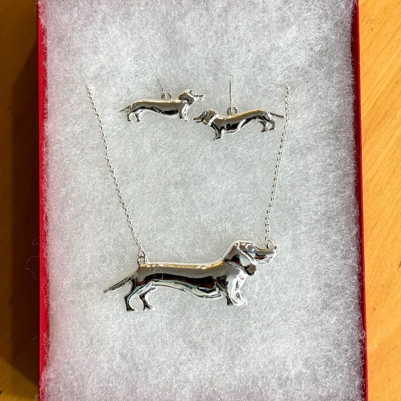 Dog**Dachshund Pet Animal Cute Wiener Dog lover Pendant Necklace Earrings Set Dog Mom Pet Memorial Gift for Pet Lover Crystal 30iL8 GD image 1