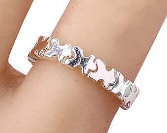 Anel em forma de peça de quebra-cabeça para conscientização do autismo, banhado a prata de lei, joia elástica 90SA9 LW