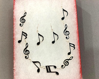 Music***Sterling Silver Plated Music Note Necklace Earrings Set, Teacher Gift 41YK2 BT
