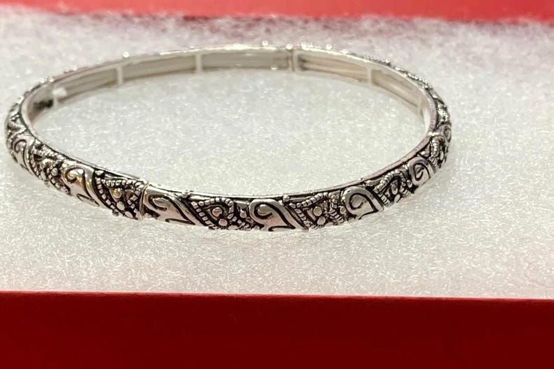 Brighton*Style Inspire Studded Ball Heart Stackable Bracelet Stretch Bracelet Handmade, Sterling Silver Plated 75YN8 LW image 4