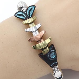 Multi**Colored & Patina Fish Bone Bracelet Fish Bone Jewelry Fish Skeleton Movable Fish Bone Multi Color Stretch Bracelet 75GU1 GD