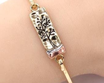 Art Nouveau Patina Silver Gold Tree of Life 3-Tone Folk Art Elongated Rectangle Metal Accented Copper Fashion Casting Bangle Black 75PL8