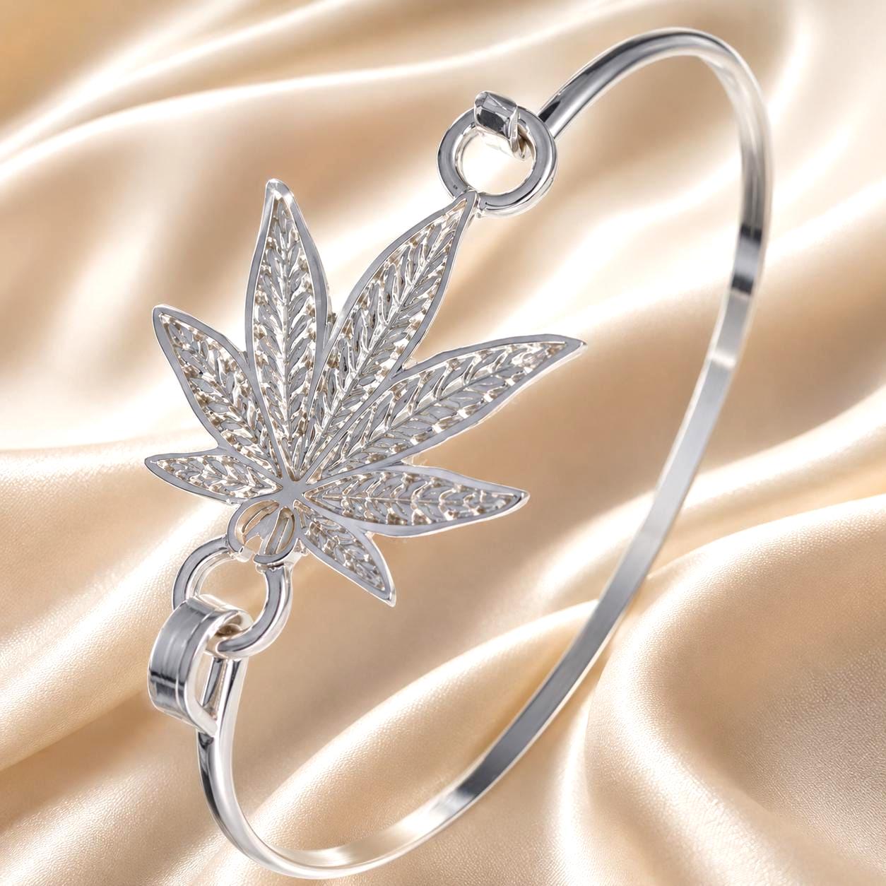 Leaf**marijuana Leaf Bangle Bracelet, Green Epoxy Silver Plated