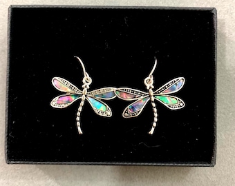 Dragonfly***Earrings, Dragonfly Jewelry, fashion jewelry, Silver Dragonfly, Abalone, Glitter, Sterling Silver Plated 83SM4 BT T