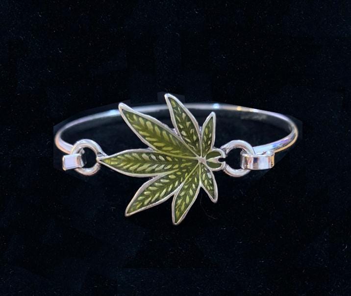 Leaf**marijuana Leaf Bangle Bracelet, Green Epoxy Silver Plated Leaf**marijuana Leaf Bangle Bracelet, Green Epoxy Silver Plated