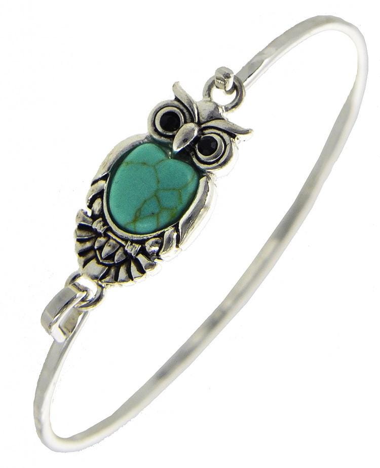 Turquoise Stone Owl Bird Halloween Nature Inspired Animal Gift for Her Sterling silver Plated Ocean 