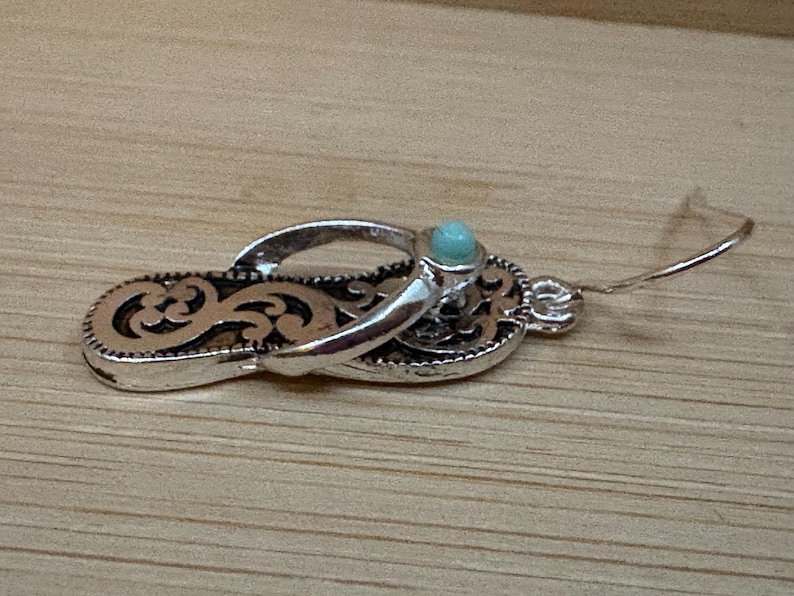 Turquoise***Crystal Filigree Flip Flop Earring Sterling Silver Plated Handmade Beach Sandal Sand Summer Brighton Antique Silver 30SM0 BT image 3