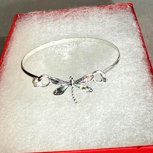 Pulsera rígida con diseño de libélula y abulón, estilo Art Nouveau, chapada en plata, 71o9 BT T