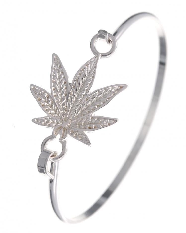 Leaf**marijuana Leaf Bangle Bracelet, Green Epoxy Silver Plated