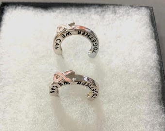 Gift**TOGETHER We CAN_Pink Ribbon Stud Post Earrings Breast Cancer Earrings Survivor Jewelry FIGHT Cancer Sterling silver Plated 30PL6 GD