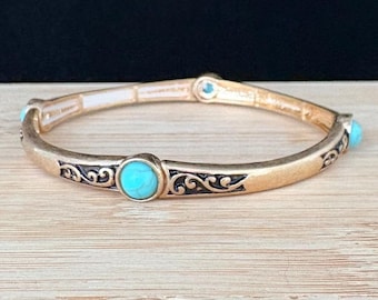 Art Nouveau Brighton style Handmade Sterling Silver Plated Filigree Slim Four Turquoise Stone Stretch Bracelet 75YN5
