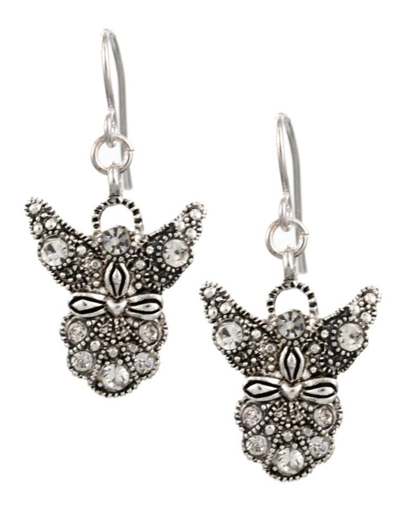 May include: A pair of silver dangle earrings featuring a detailed angel design with clear crystal accents.