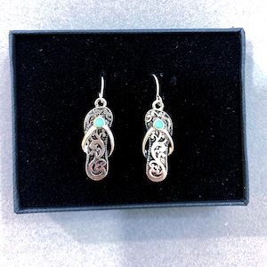 Turquoise***Crystal Filigree Flip Flop Earring Sterling Silver Plated Handmade Beach Sandal Sand Summer Brighton Antique Silver 30SM0 BT Turquoise