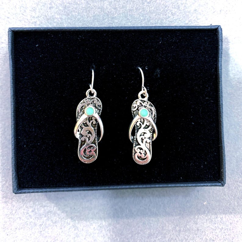 Turquoise***Crystal Filigree Flip Flop Earring Sterling Silver Plated Handmade Beach Sandal Sand Summer Brighton Antique Silver 30SM0 BT Turquoise